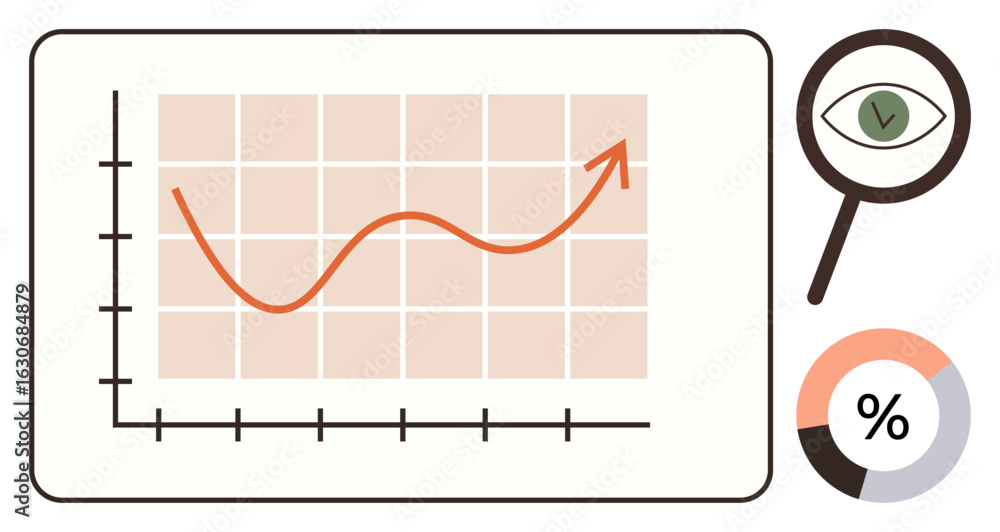 Poster graph with upward arrow trend, magnifying glass with an eye, and pie chart representing data analysi