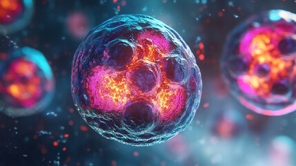 Medical illustration of autophagy at the cellular level, glowing molecular structures with depth of field and high clarity, digital rendering