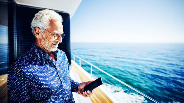Modern grandfather in stylish attire enjoying smartphone on a luxury yacht at sea
