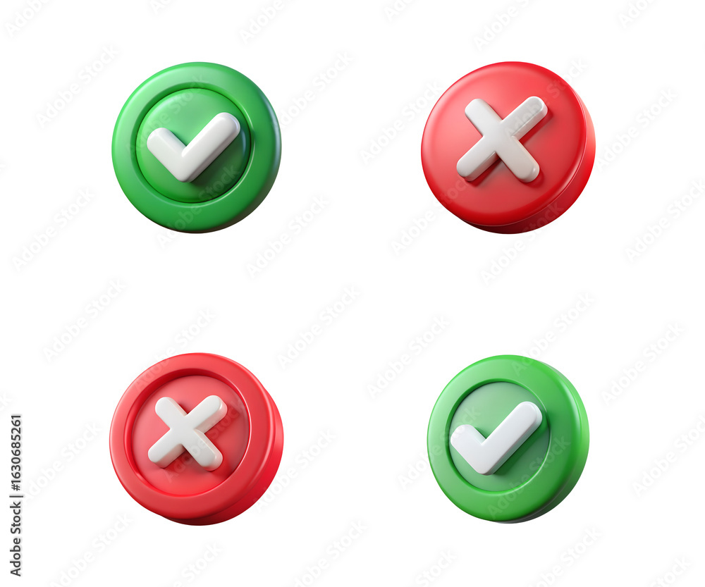 Poster four 3d circular icons showing green checkmarks and red crosses, representing correct and incorrect 