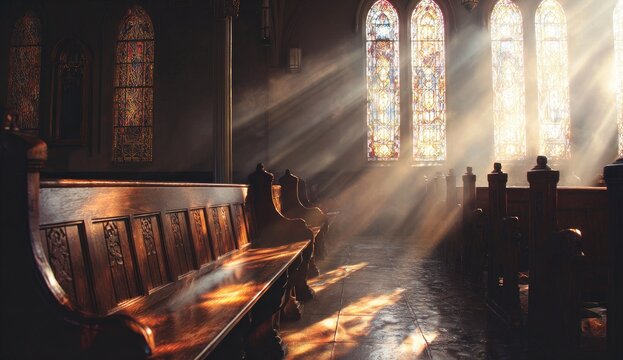 Sunlight streams through stained glass windows in a church (1)