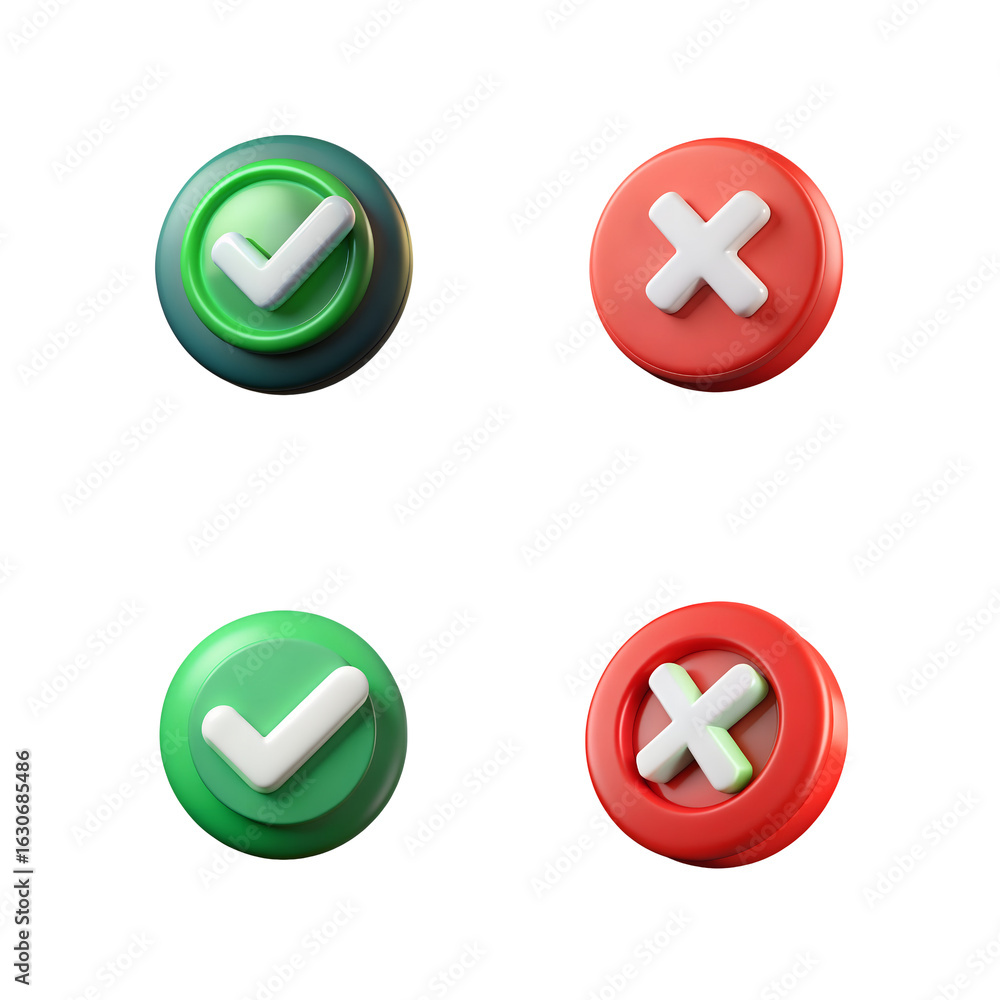 Poster collection of four 3d circular icons with green checkmarks and red crosses, indicating correct and i
