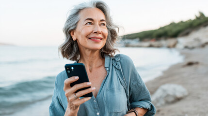 Modern grandmother enjoying a serene sunset on the seashore while holding a smartphone