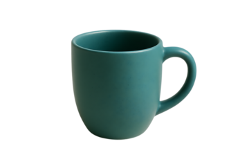 Matte teal ceramic coffee mug with handle isolated on transparent background