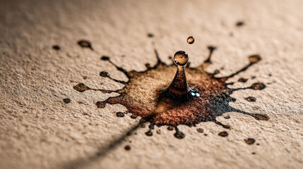 Coffee drop creates splash on textured surface. Great for marketing, ads, web use showcasing textures and motion.