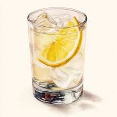 Watercolor illustration of a glass of iced drink with lemon