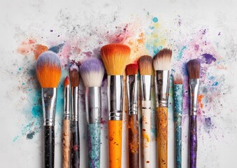 Obraz premium Makeup brushes scattered on a colorful background