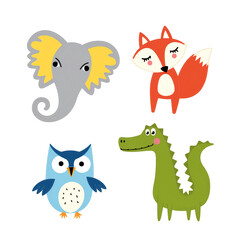 Naklejka premium Cartoon animal characters including elephant, fox, owl, and crocodile