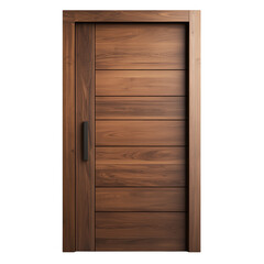 Modern wooden door with horizontal panels and sleek black handle on transparent background
