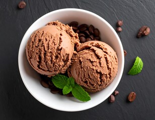 Chocolate ice cream scoops in a bowl