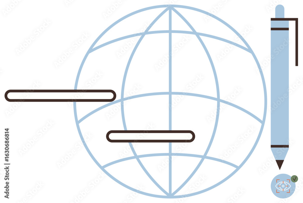 Poster globe with overlaying lines, signifying global connectivity, alongside a pen for communication and c