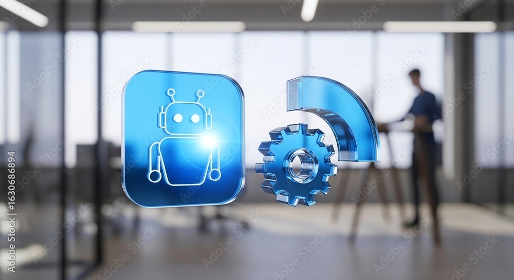 Poster futuristic ai robot and gear icons representing business automation and innovation