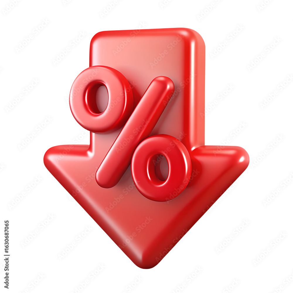 Poster red percentage symbol with a downward arrow indicating a price reduction, isolated on transparent ba
