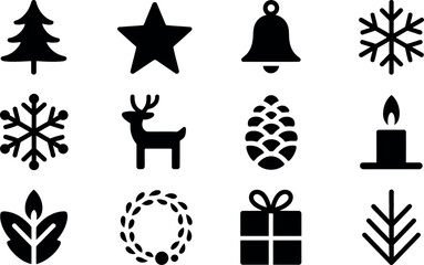 Bold Black Christmas Icons: Festive Holiday Symbols Set