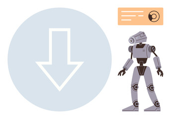 Humanoid robot with mechanical parts next to a bold download arrow and data card. Ideal for technology, artificial intelligence, robotics, innovation, automation, data transfer, futuristic designs