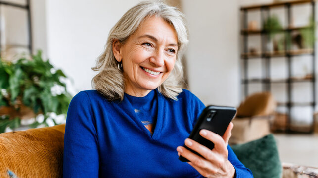 Charming mature woman enjoys her smartphone in a cozy living room with warm lighting - Powered by Adobe