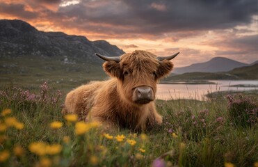 A cow lying in the grass, landscape at sunset, with wild flowers, water, and mountains in the background.