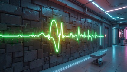 Futuristic Neon Heartbeat: Sci-Fi Corridor with Glowing Green Pulse Line and Modern Medical Bench.