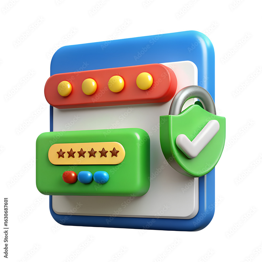 Poster 3d illustration of a secure login interface with a password field, buttons, and a padlock, isolated 