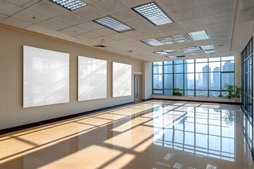 Empty office hallway with large blank display frames.