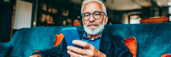 Modern grandfather enjoys smartphone in stylish living room with bright decor