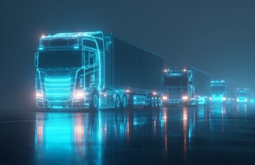 Futuristic trucks on the road with glowing holographic elements, a blue light background.