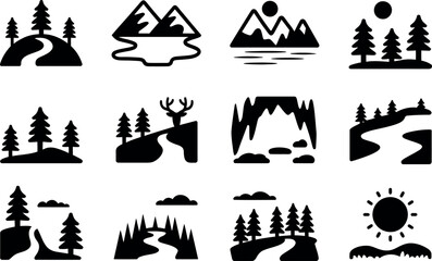 Obraz premium Black and white minimalist nature icons: mountains, forests, rivers.