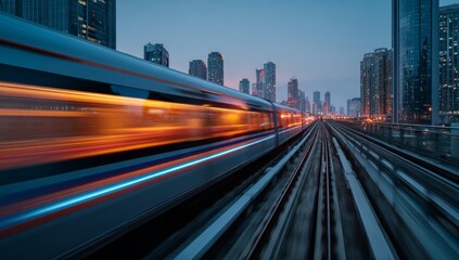 Obraz premium High-speed train in motion on the railway, a futuristic high-speed passenger electric concept.