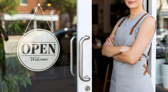 Small Business Owner Ready for the Day: Welcoming Storefront Entrance with Open Sign for illustrating entrepreneurship, small business promotions, or local commerce campaigns