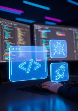 Futuristic programmer coding software debugging and launching apps on digital interface