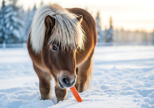 A pony eating a carrot in the snow.