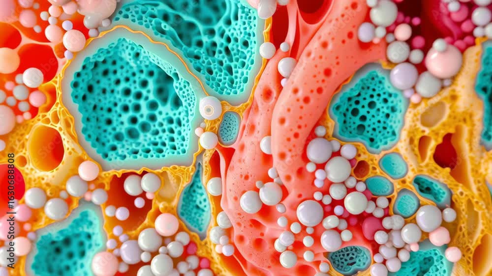 Poster colorful abstract cellular structures showcasing vibrant red hues, intricate patterns, and textures 