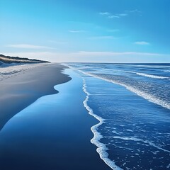 Pastel Blue Sandy Beach at Sunrise – Soft Morning Light, Serene Coastal Landscape with Calm Waves
