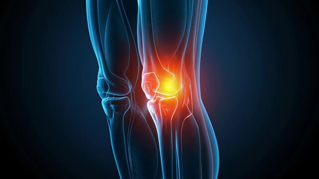 Knee Pain and Inflammation &ndash; X-ray of Human Knee Knee Joint with Red (Orange) Highlight. Blue glowing lines on Dark Blue background 3D render medical illustration. Looped