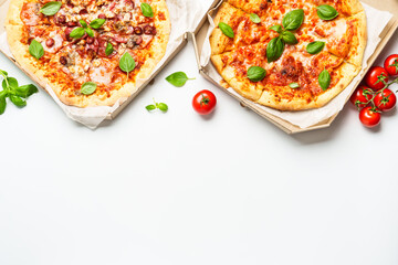 Delicious meat pizza with ham, salami and sausages.