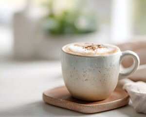Iced Latte on Pastel Ceramic Coaster – Cream Tabletop with Copy Space for Café Ads & Branding