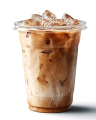 Isolated Iced Latte in Clear Takeaway Cup – Sharp Ice Detail & Natural Shadow on White Background