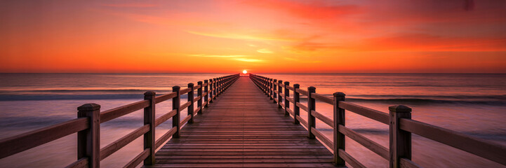 Fototapeta premium Wooden Pier at Vivid Sunset Over Ocean | Tranquil Seascape for Travel and Relaxation Marketing