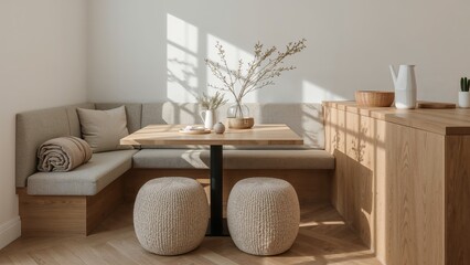 A cozy and bright scandinavian dining nook featuring a stylish bench seating arrangement with a wooden table and decorative elements