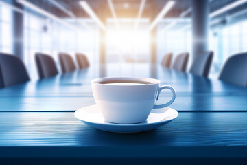 White ceramic cup filled with coffee placed on a blue table in a blurred meeting room, perfect for conveying a sense of business and productivity