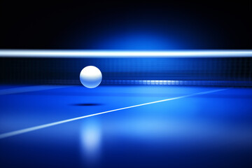 Professional table tennis match featuring a white ball bouncing over the net on a vibrant blue table, showcasing intense competition and skill