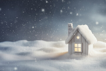 Miniature wooden house illuminated from the inside, covered with snow during a snowfall at night, creating a cozy Christmas atmosphere