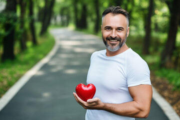 Promoting heart health and cardiology awareness, smiling man holds a red heart in a park, symbolizing cardiovascular well being