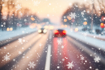 Snow falling gently on a blurred winter road at sunset, with cars driving through the picturesque scene