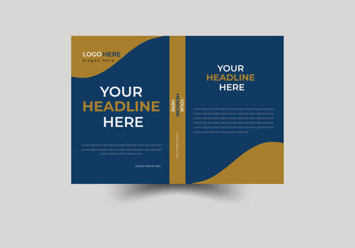 A professional book cover template featuring a split design with bold typography and flowing abstract shapes in navy blue and gold. - Powered by Adobe