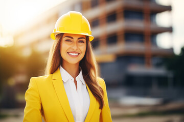 Portrait of a smiling female engineer wearing a yellow hard hat and suit, standing on a construction site