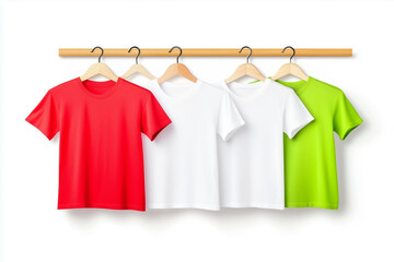 Red, white and green t shirts hanging on wooden hangers against a white background