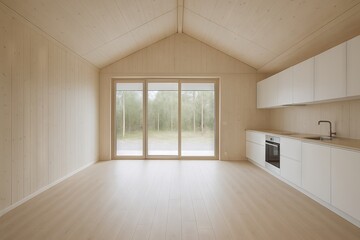 Fototapeta premium modular home interior. Scandinavian style living room with minimalist decor and light wood interiors highlighting simplicity and elegance. concept of modern home design, minimalist aesthetics