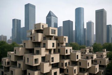 Urban modular architecture with modern high-rise buildings against skyline on a clear day in downtown cityscape. concept of innovative urban design, modern living, architectural style