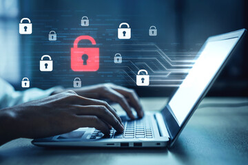 Digital security concept illustrating a cybersecurity breach, with a red unlocked padlock...